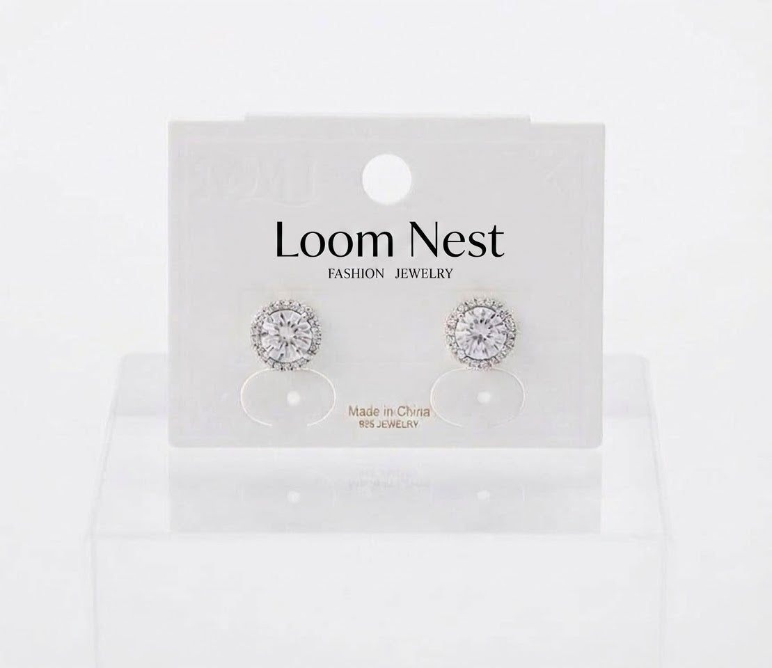 Loom Nest Elegant Round Crystal Halo Stud Earrings for Women – Premium 925 Silver Finish
