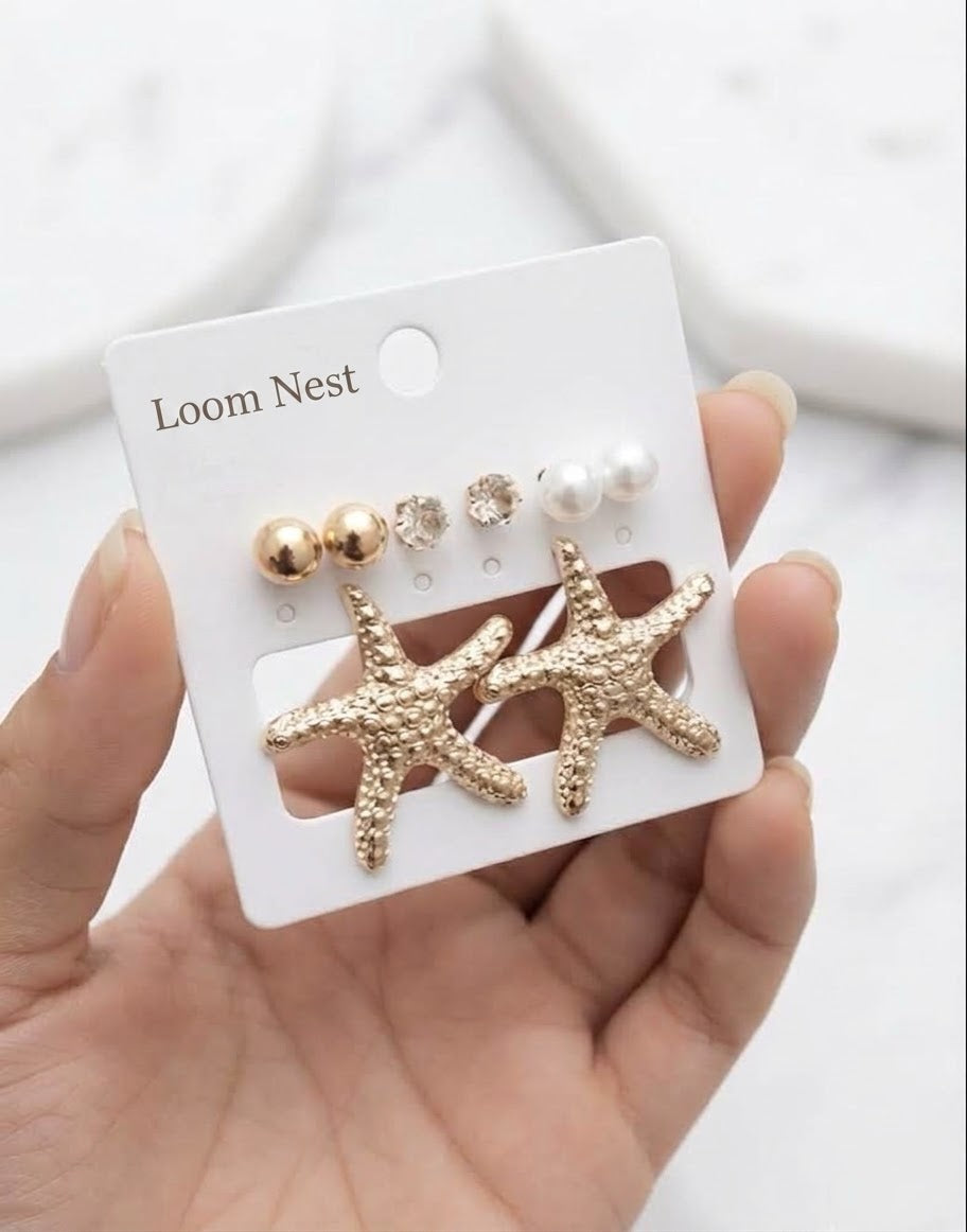 4 Pairs of Women's Sea Starfish Gold-Tone Stud Earrings