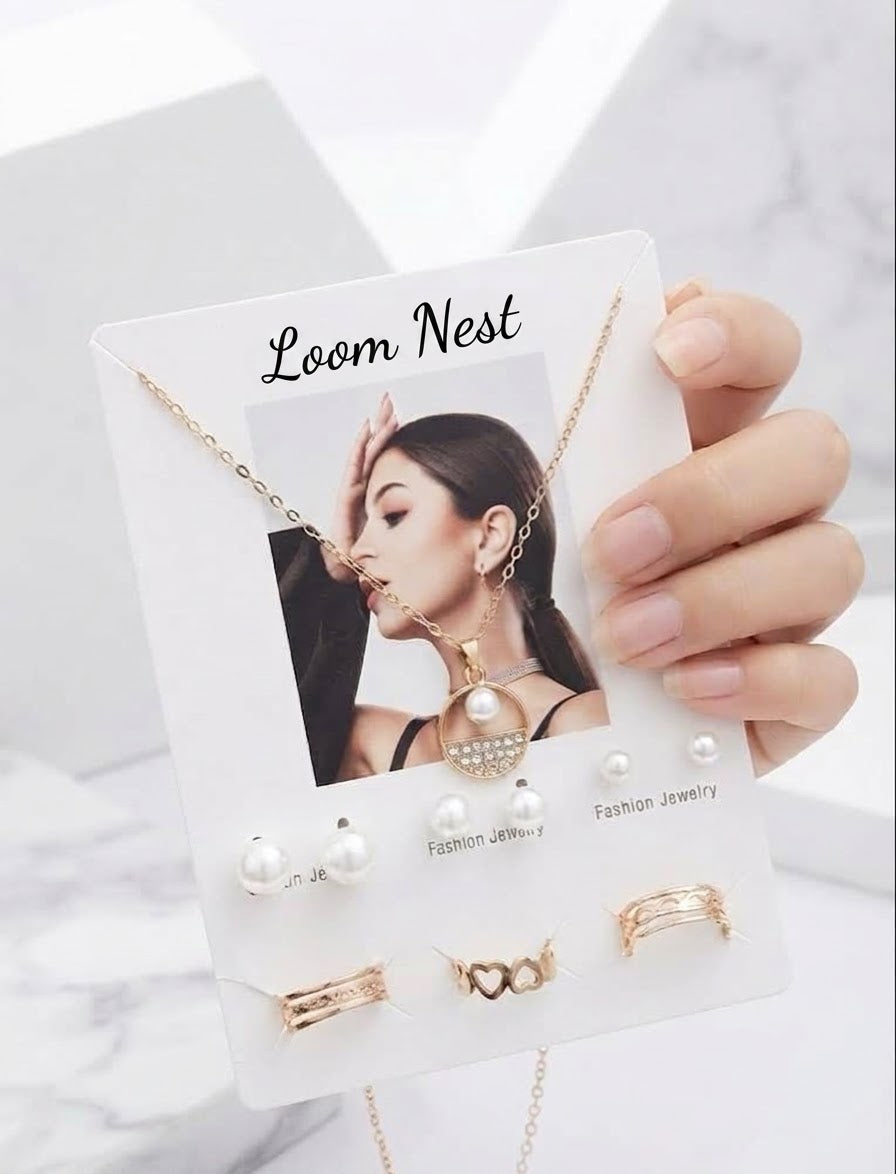 Loom Nest Minimalist Gold Pearl Pendant Necklace & Matching Accessories Set